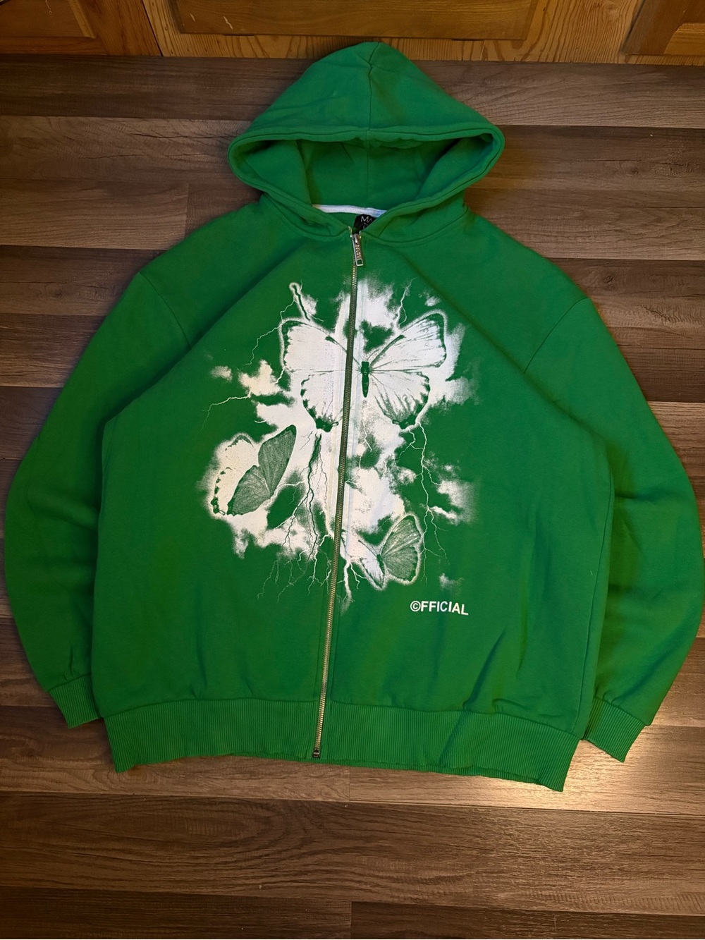 boohooMAN Men's Green Full Zip Hooded Hoodie Butterfly Graphic Logo Size L